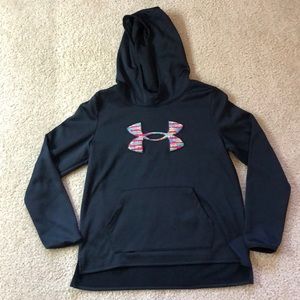 Black Under Armor Hooded Sweatshirt with fleece lining and multi color logo
